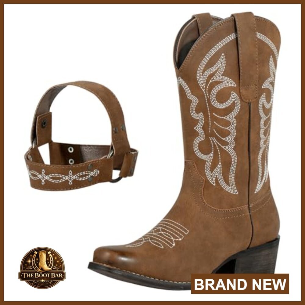 Square Toe Cowgirl Boots Mid Calf Western Riding Boots with Removable Buckle - Picture 5 of 7